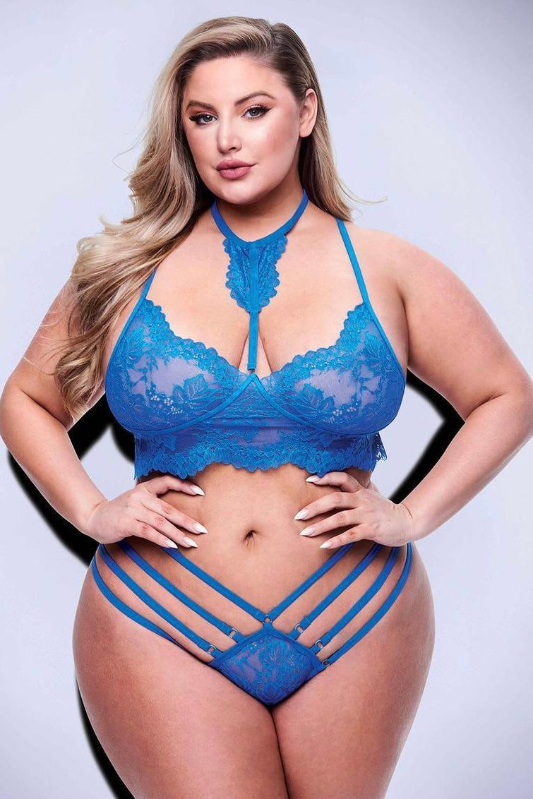 Strappy lace bra and panty set blue - Curvynlingerie Plus Size