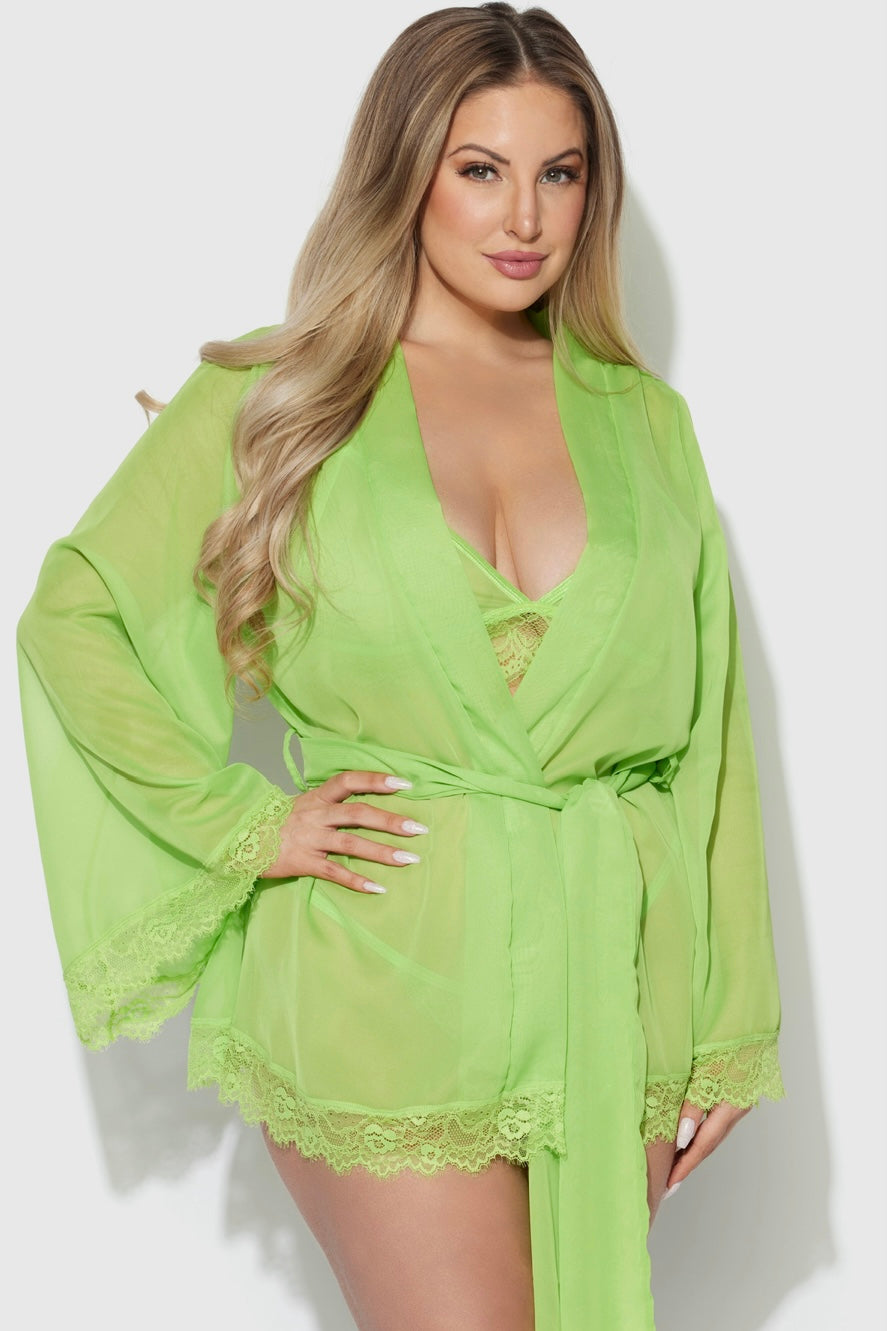 Plus size Shavon robe , bralette and gstring lime