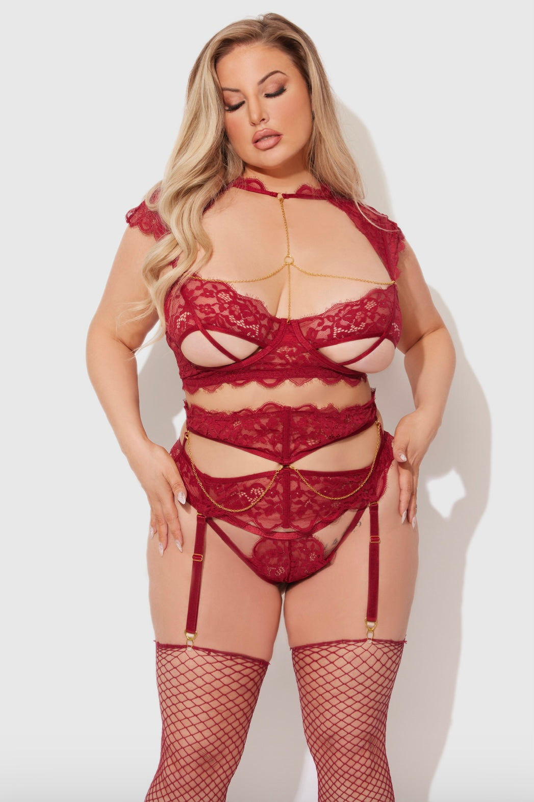 Plus size Dezi open bra, garter ,G-string set