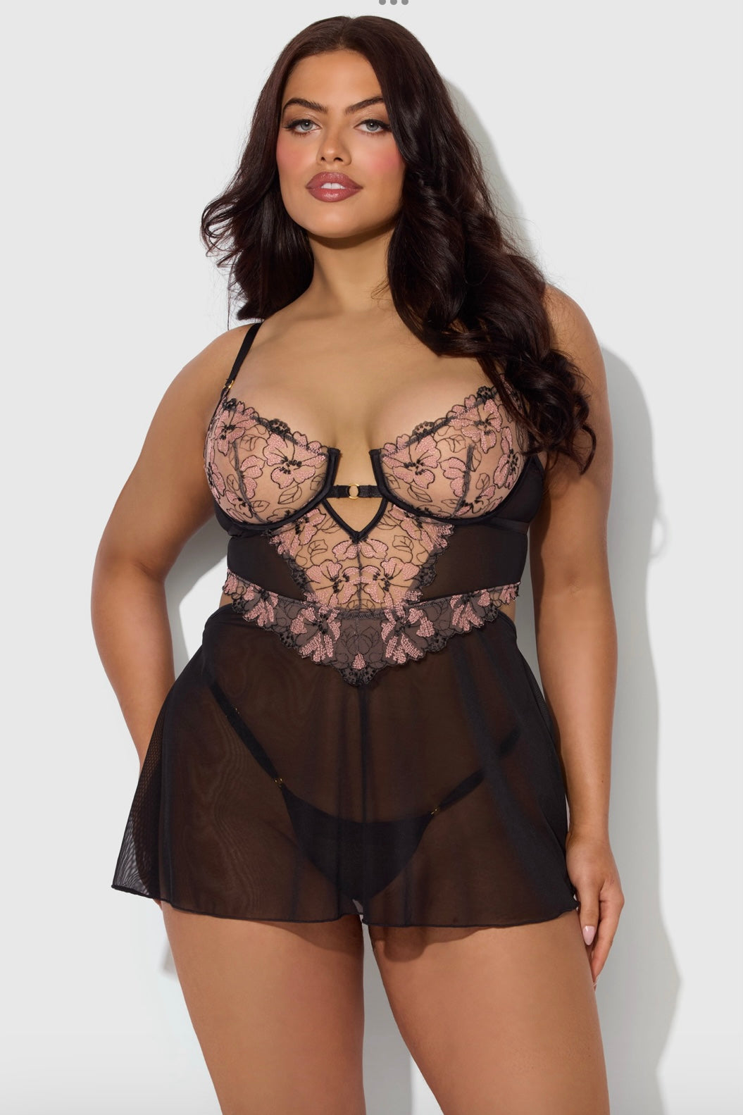 Plus size Nova blacklight lace babydoll and g-string