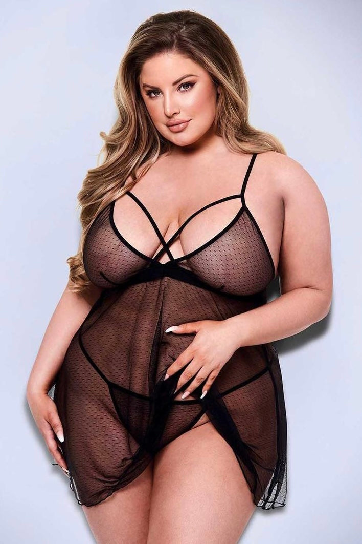 Strappy and mesh babydoll set - Curvynlingerie Plus Size 