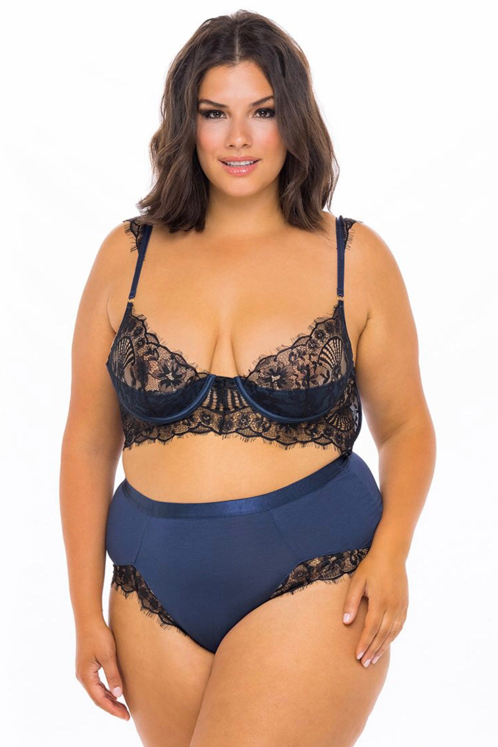 Nicole jersey and lace bra set blue-black - Curvynlingerie Plus Size 