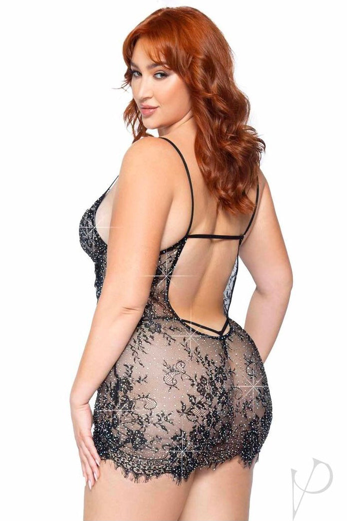 Eyelash Lace Rhinestone  babydoll - Curvynlingerie Plus Size 