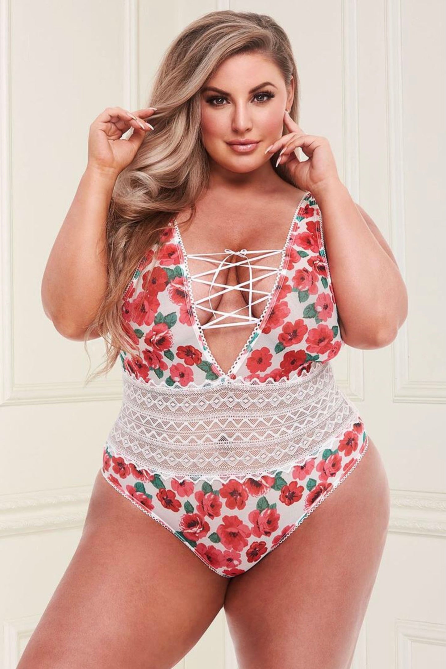 White floral lace teddy - Curvynlingerie Plus Size 