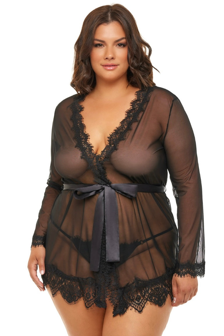 Eyelash robe with satin sash black - Curvynlingerie Plus Size 