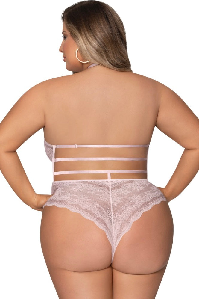 Strappy Back Teddy with Snap Crotch blush - Curvynlingerie Plus Size 