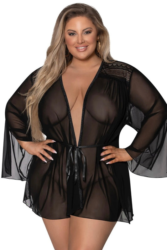 Flowing Short Robe Black - Curvynlingerie Plus Size 