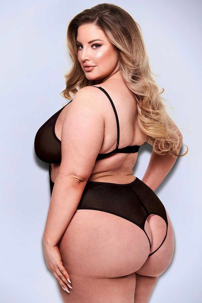 Crotchless mesh teddy black - Curvynlingerie Plus Size 