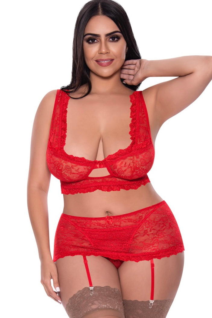 Bralette, garter skirt ang G-set red - Curvynlingerie Plus Size 