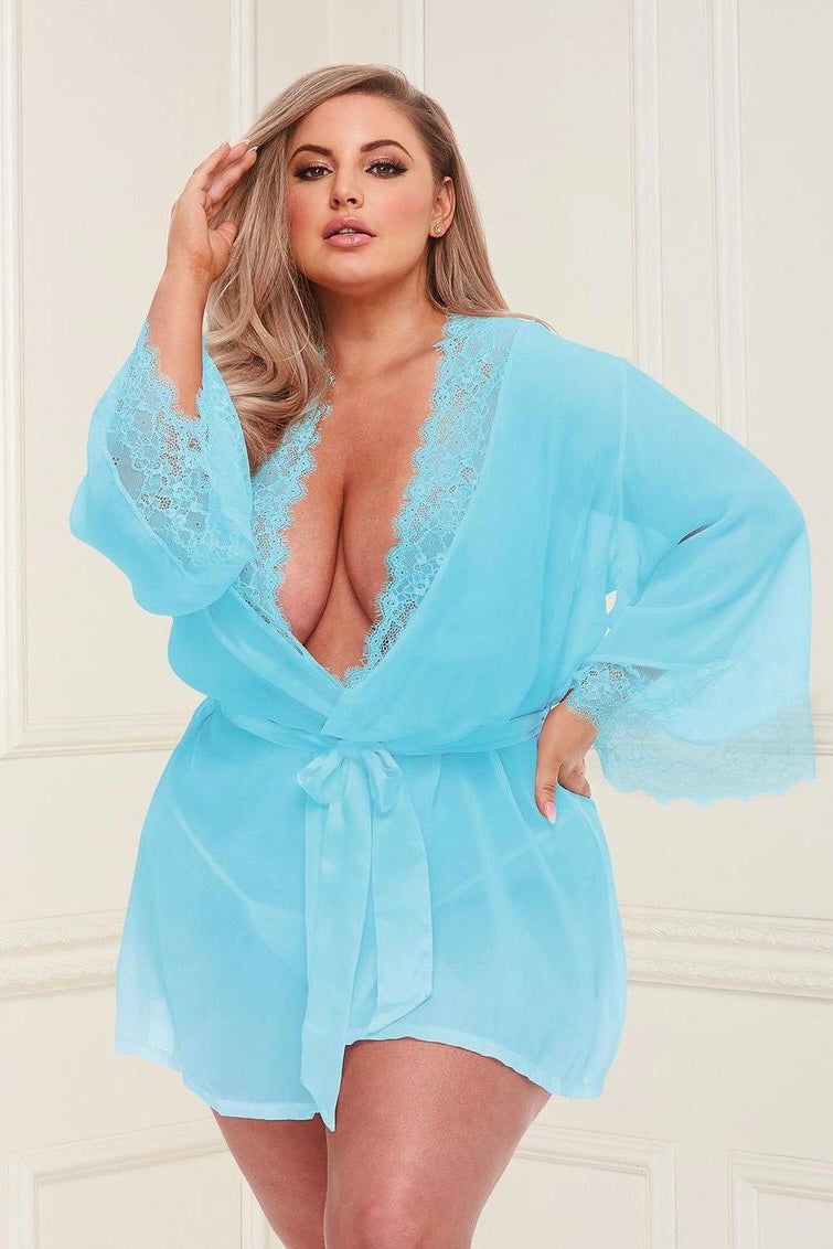 Sheer chiffon and lace robe turquoise - Curvynlingerie Plus Size 