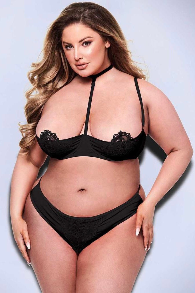 2PC SEXY QUARTER CUP BRA &amp; G-STRING SET - Curvynlingerie Plus Size