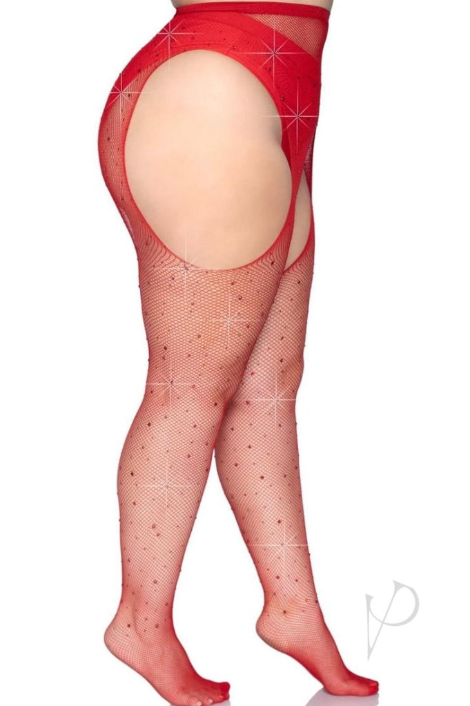 Rhinestone Fishnet Stockings Red - Curvynlingerie Plus Size 