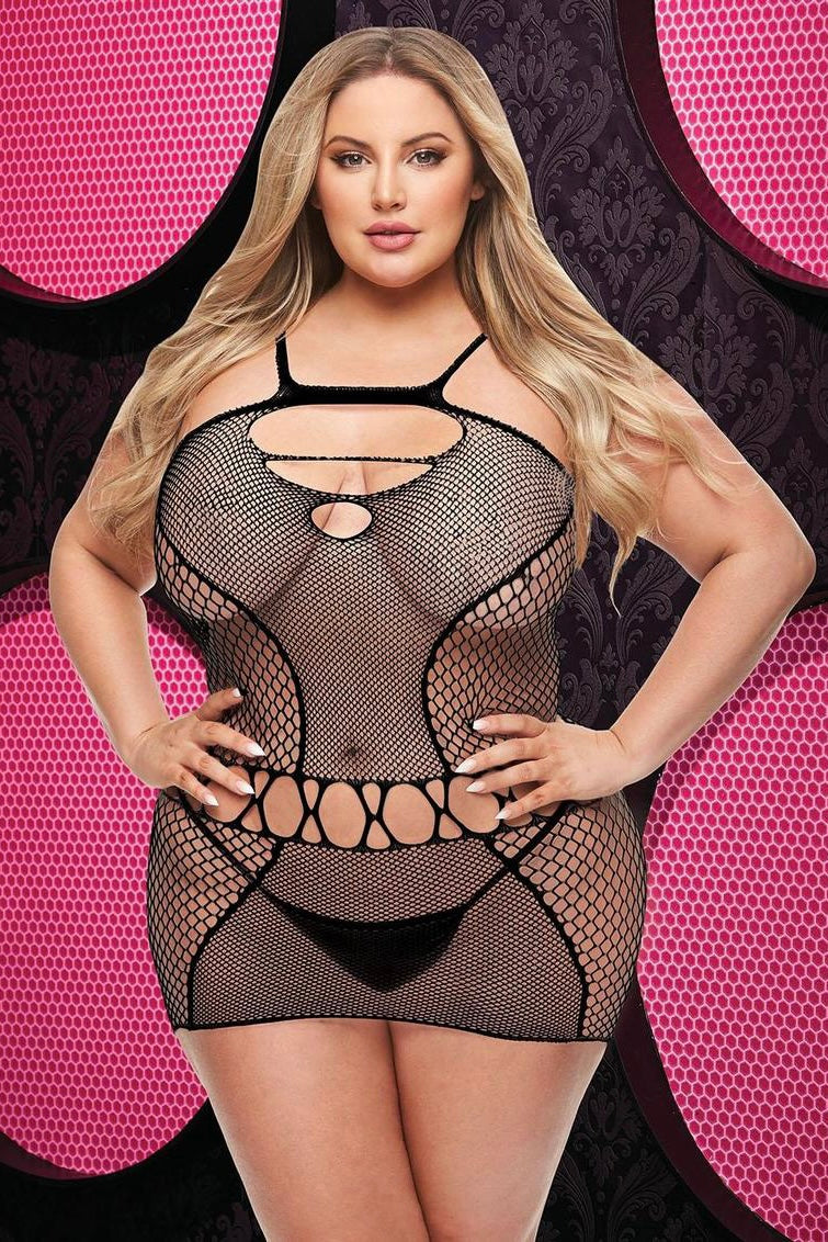 Fishnet mini dress black - Curvynlingerie Plus Size 