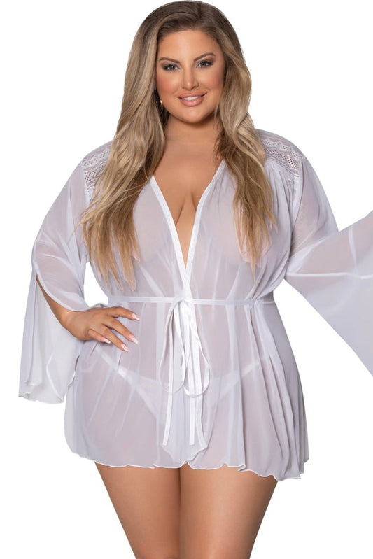 Flowing Short Robe White - Curvynlingerie Plus Size 