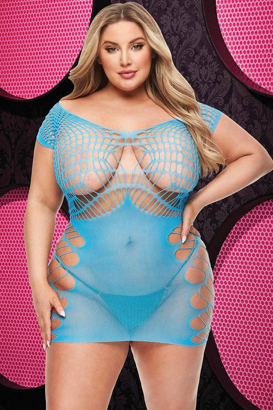 Fishnet and lace halter dress turquoise - Curvynlingerie Plus Size 