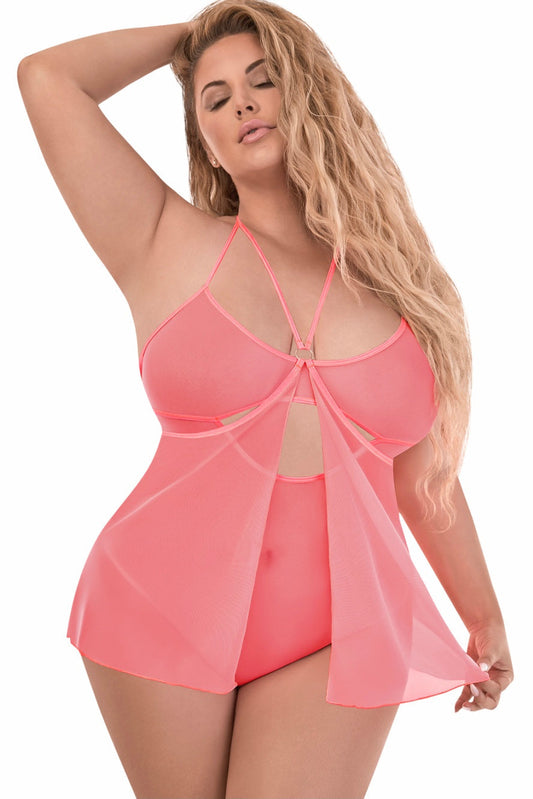 Forever mesh babydoll coral - Curvynlingerie Plus Size 