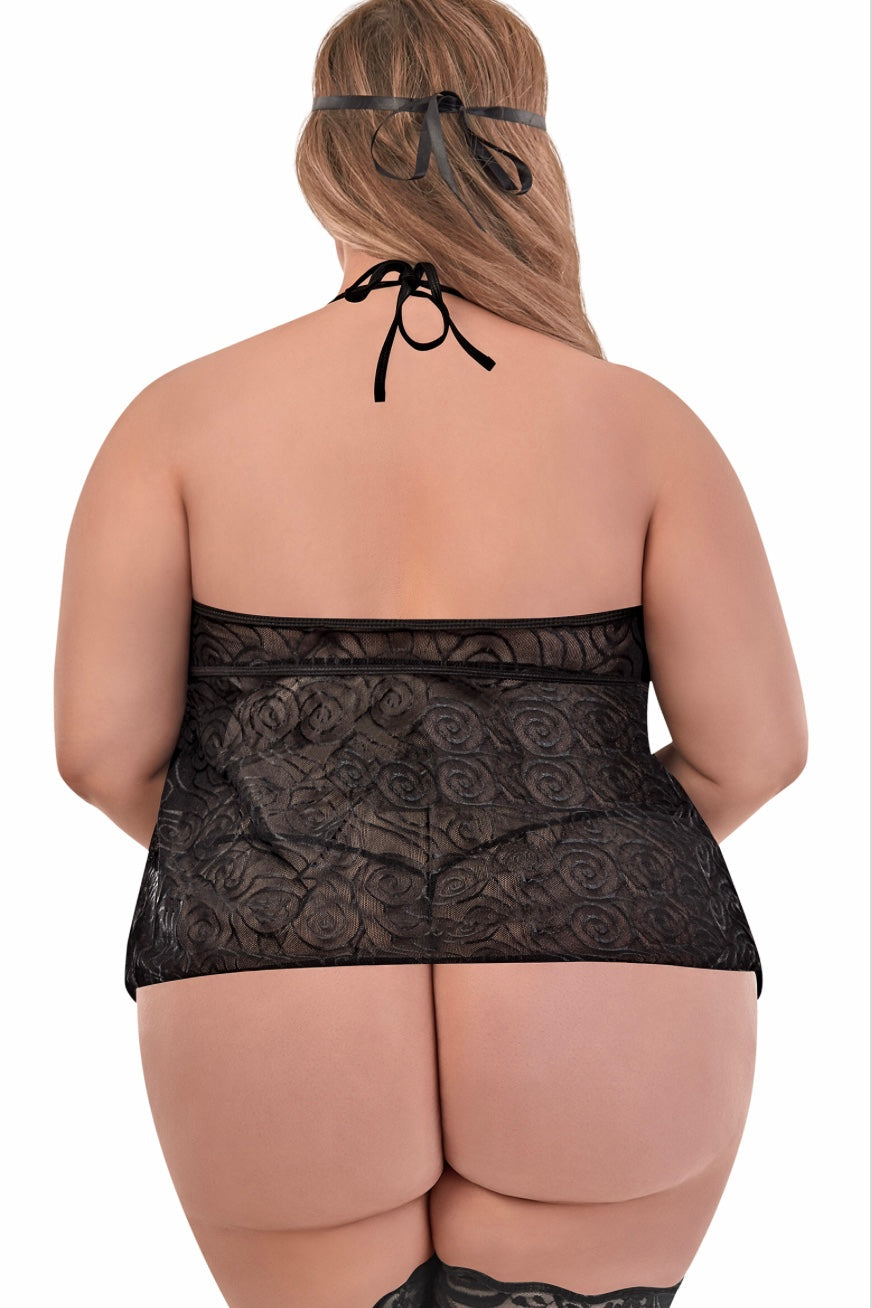 Cupless &amp; Crotchless Baby Doll &amp; G-String w 3pc. Bondage SeT - Curvynlingerie Plus Size