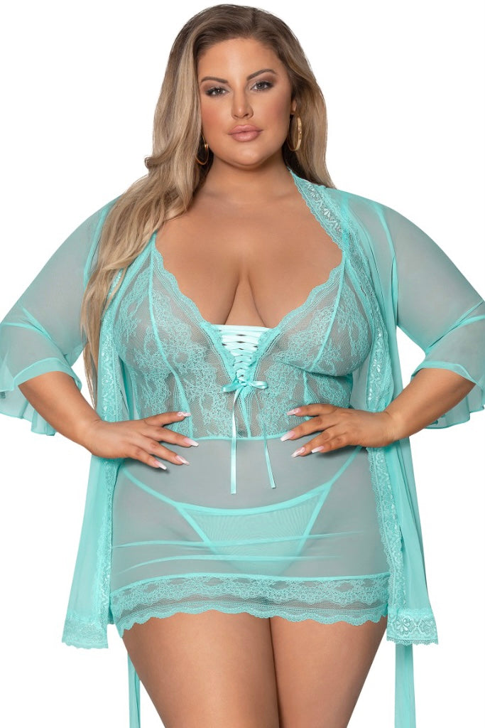 Lace Up Chemise &amp; G-Set Turquoise - Curvynlingerie Plus Size 