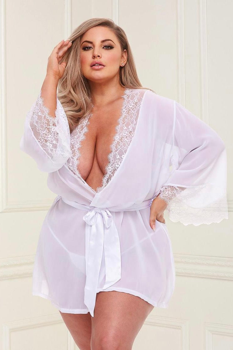 Sheer chiffon and lace robe white - Curvynlingerie Plus Size 