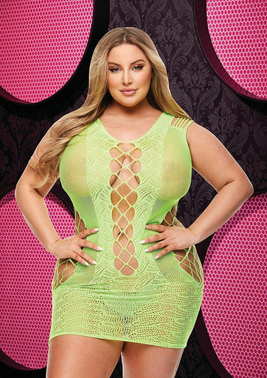 Lace and fishnet halter dress neon green - Curvynlingerie Plus Size 