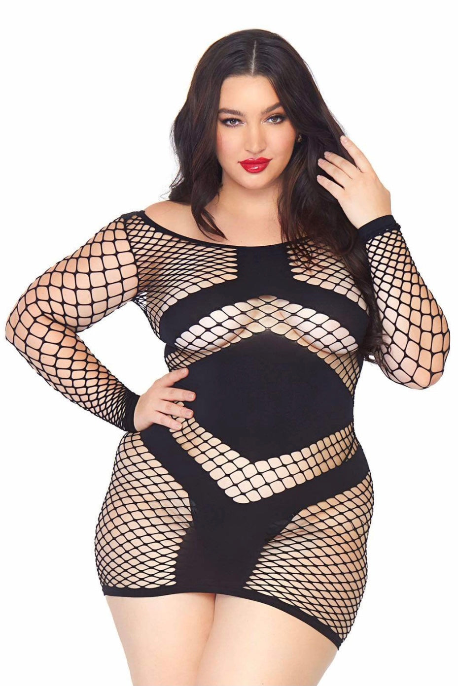 Diamond Net Long Sleeved Mini Dress - Curvynlingerie Plus Size 