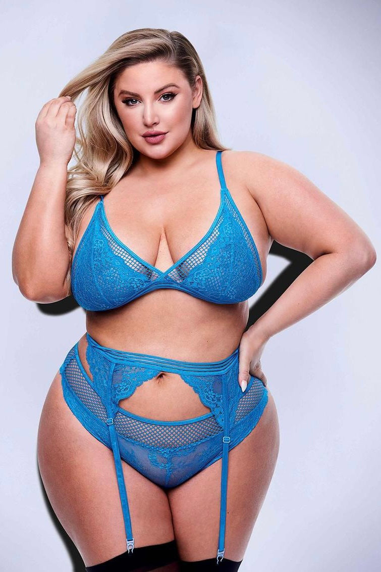 Mesh and lace bra blue - Curvynlingerie Plus Size 