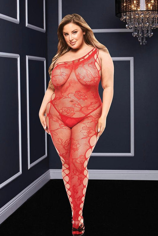 Off the shoulder bodystocking red - Curvynlingerie Plus Size 