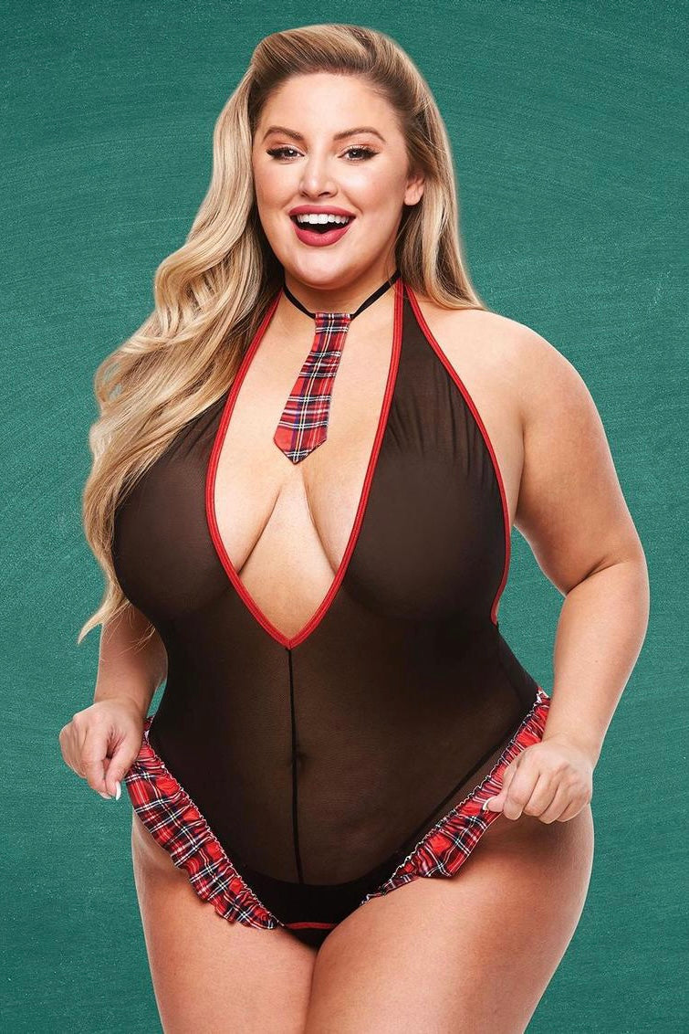 2 PC SEE THRU CROTCHLESS SCHOOLGIRL TEDDY SET - Curvynlingerie Plus Size