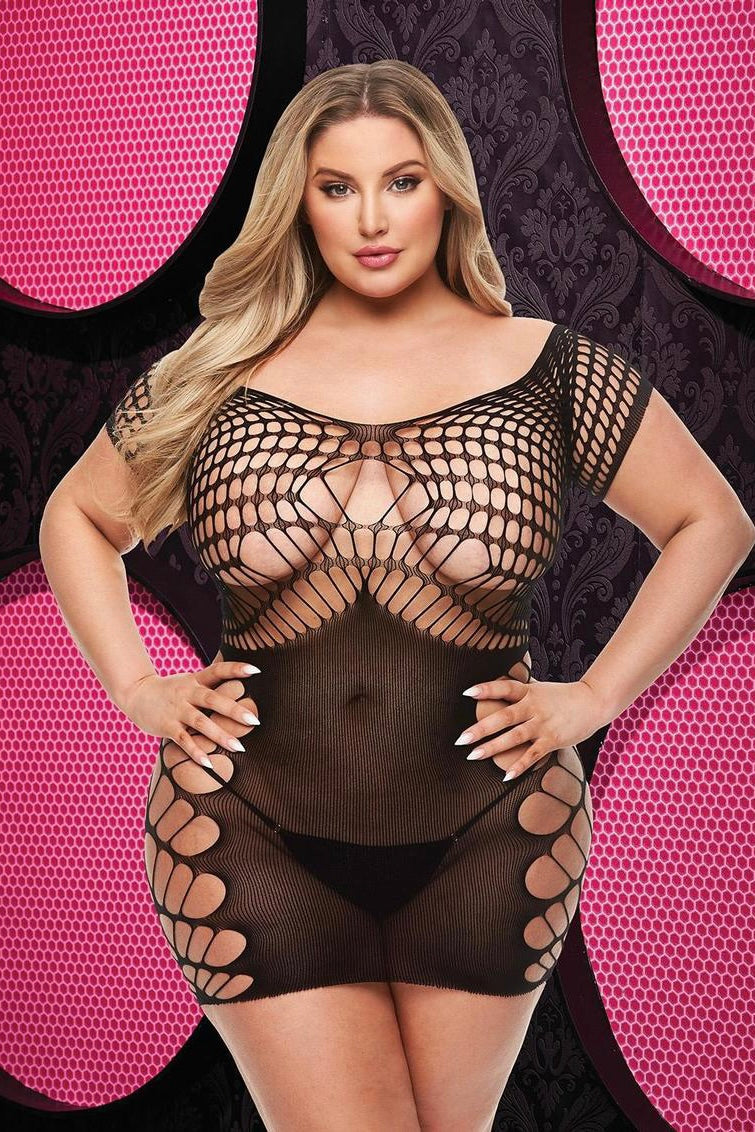 Fishnet and lace halter dress black - Curvynlingerie Plus Size 