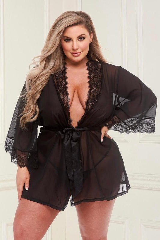 Sheer chiffon and lace robe black - Curvynlingerie Plus Size 