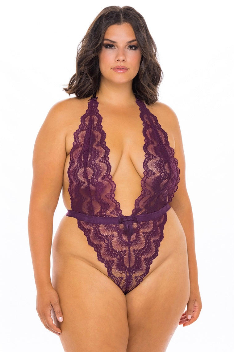 Soft lace collared teddy Alessa italian plum - Curvynlingerie Plus Size 