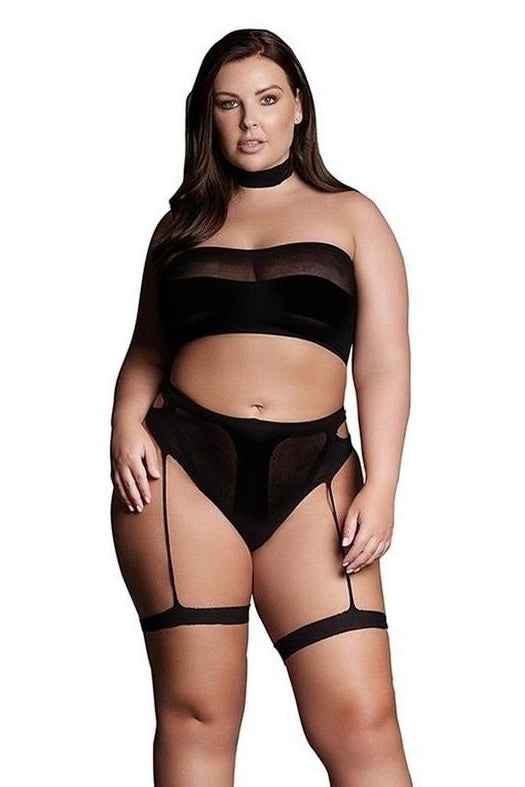 Choker, Bandeau Top and Pantie with Garters - Curvynlingerie Plus Size 