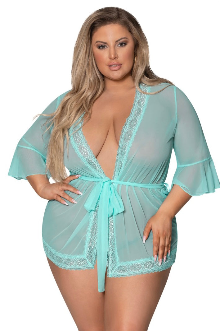 Flutter Sleeve Robe with Lace Trim turquoise - Curvynlingerie Plus Size 