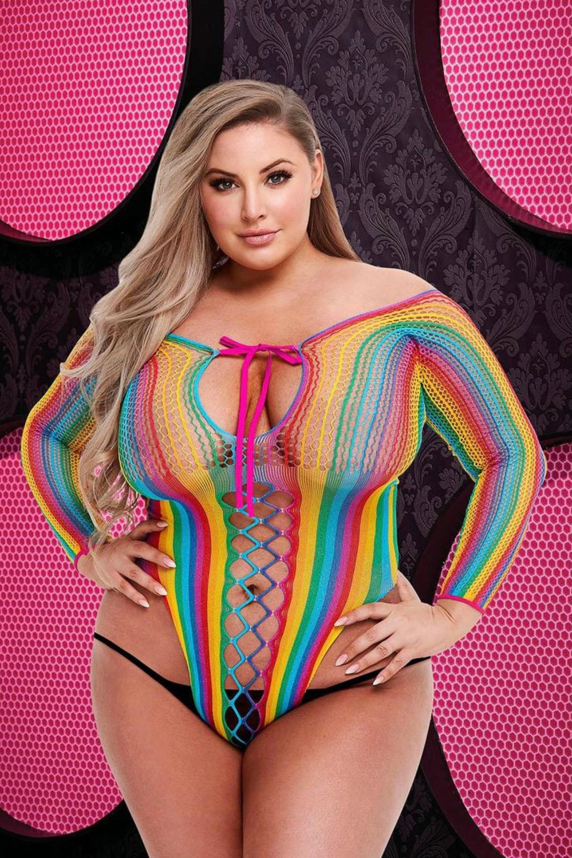 Lace-up rainbow teddy - Curvynlingerie Plus Size 