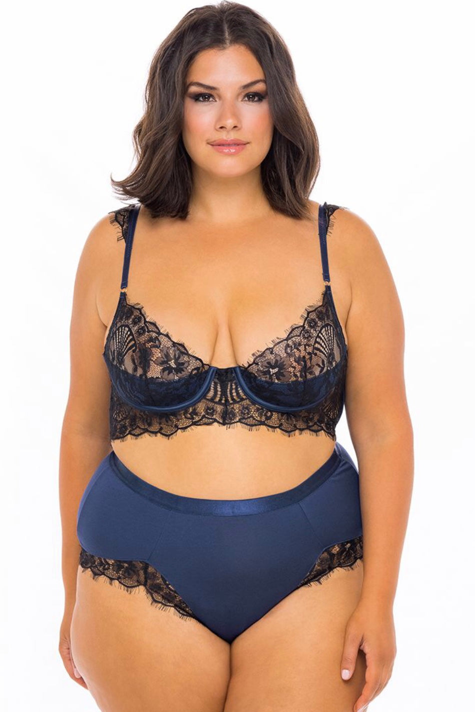 Nicole jersey and lace bra set blue-black - Curvynlingerie Plus Size 