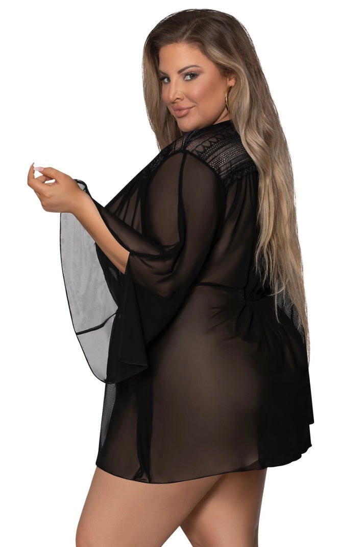 Flowing Short Robe Black - Curvynlingerie Plus Size 