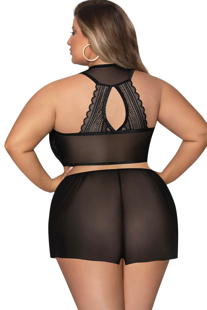 Tie Front Halter &amp; Tap Pant Black - Curvynlingerie Plus Size 