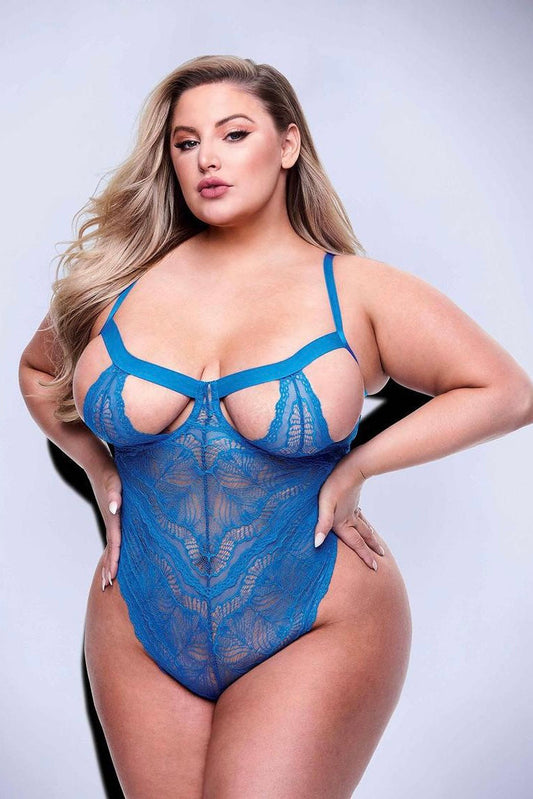 Sexy strappy lace Teddy blue - Curvynlingerie Plus Size 