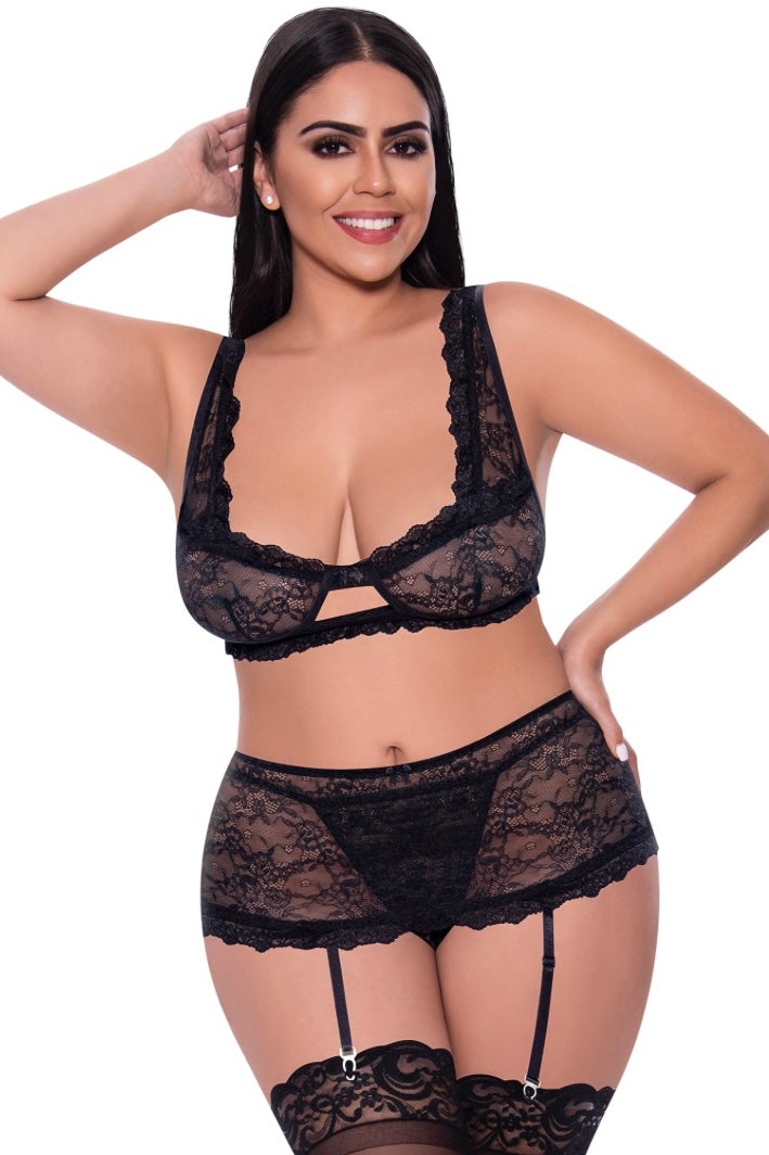 Bralette, garter skirt ang G-set black - Curvynlingerie Plus Size 