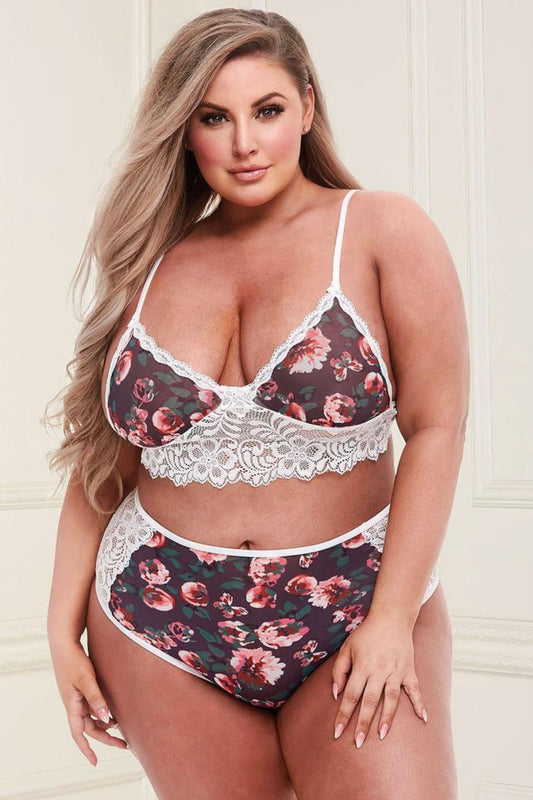 Dark floral two-piece set. - Curvynlingerie Plus Size 