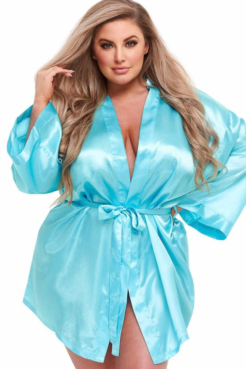 All satin robe Turquoise - Curvynlingerie Plus Size 