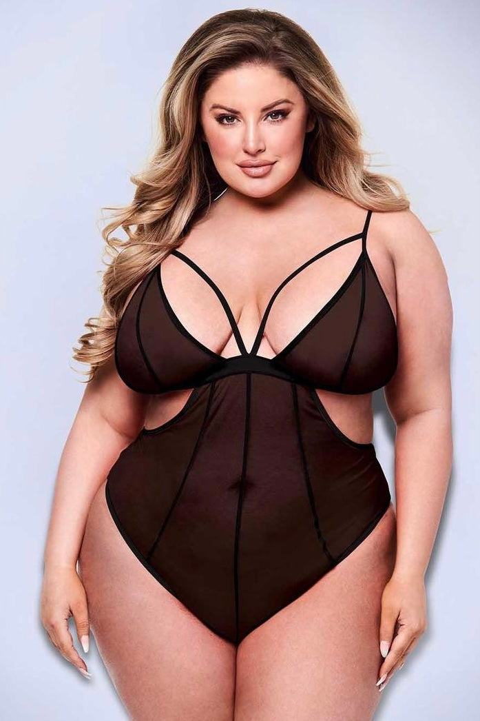 Crotchless mesh teddy black - Curvynlingerie Plus Size 