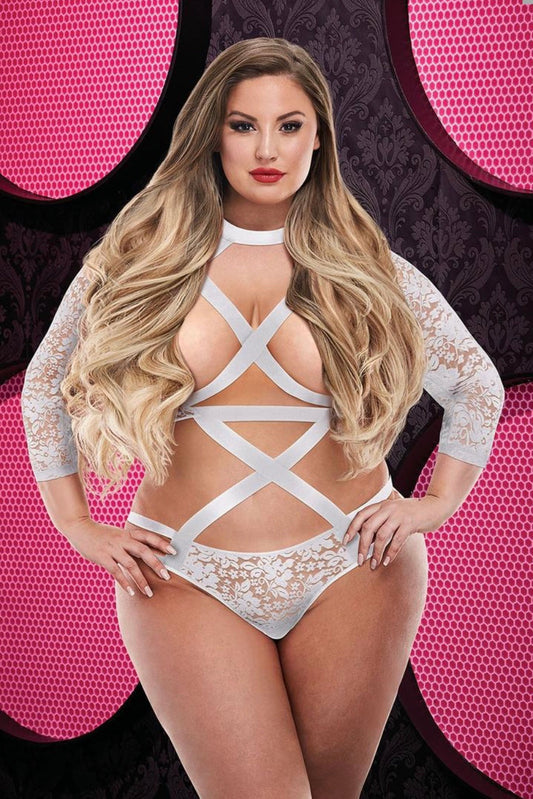 Strappy long sleeve bodysuit White - Curvynlingerie Plus Size 