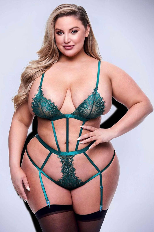 Sexy lace Teddy with garters green - Curvynlingerie Plus Size 