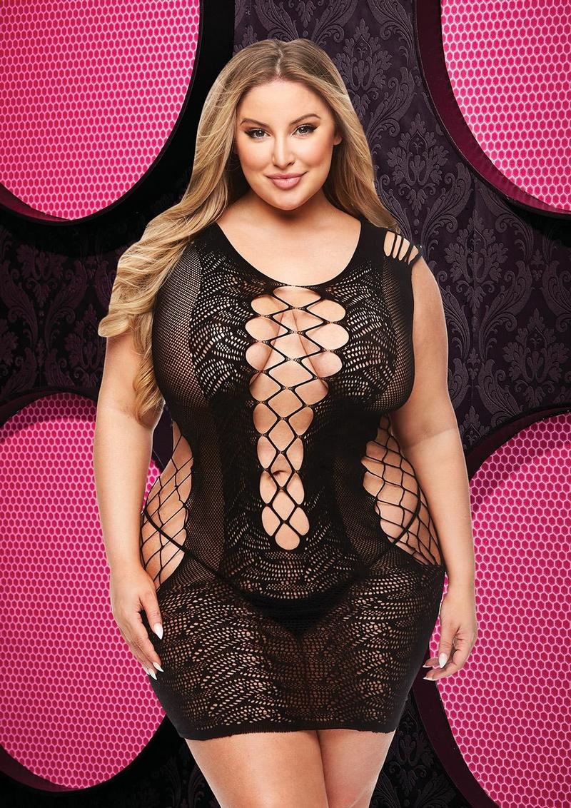 Lace and fishnet halter dress - Curvynlingerie Plus Size 