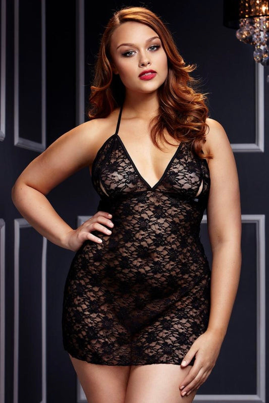 Black lace-up chemise - plus size babydoll - Curvynlingerie Plus Size 