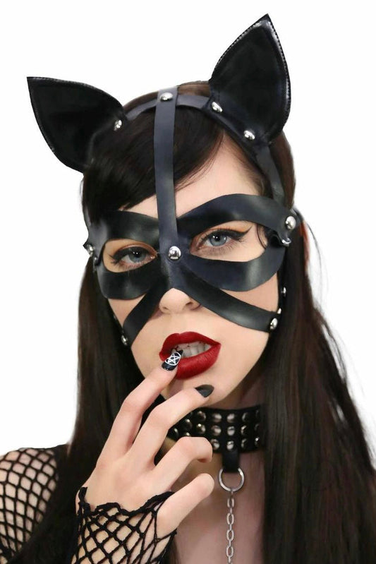 Wet Look Harness Cat Mask - Curvynlingerie Plus Size 