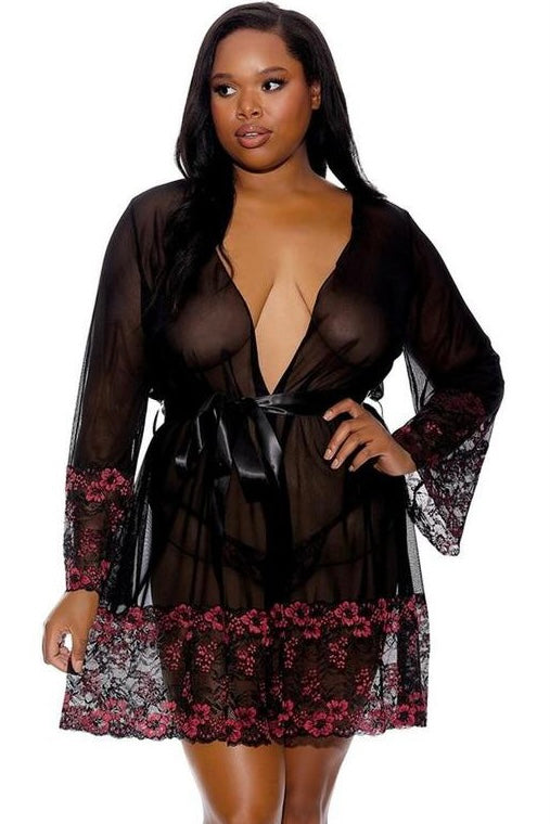 Lace Trim Sheer Robe - Curvynlingerie Plus Size 