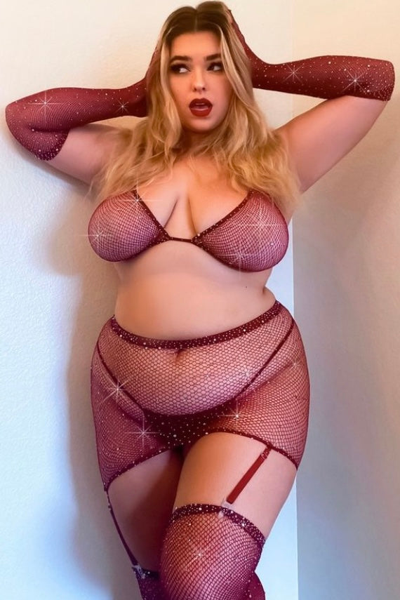 Skirt,Bikini Top, G-String, Gloves &amp; Stockings burgundy - Curvynlingerie Plus Size 