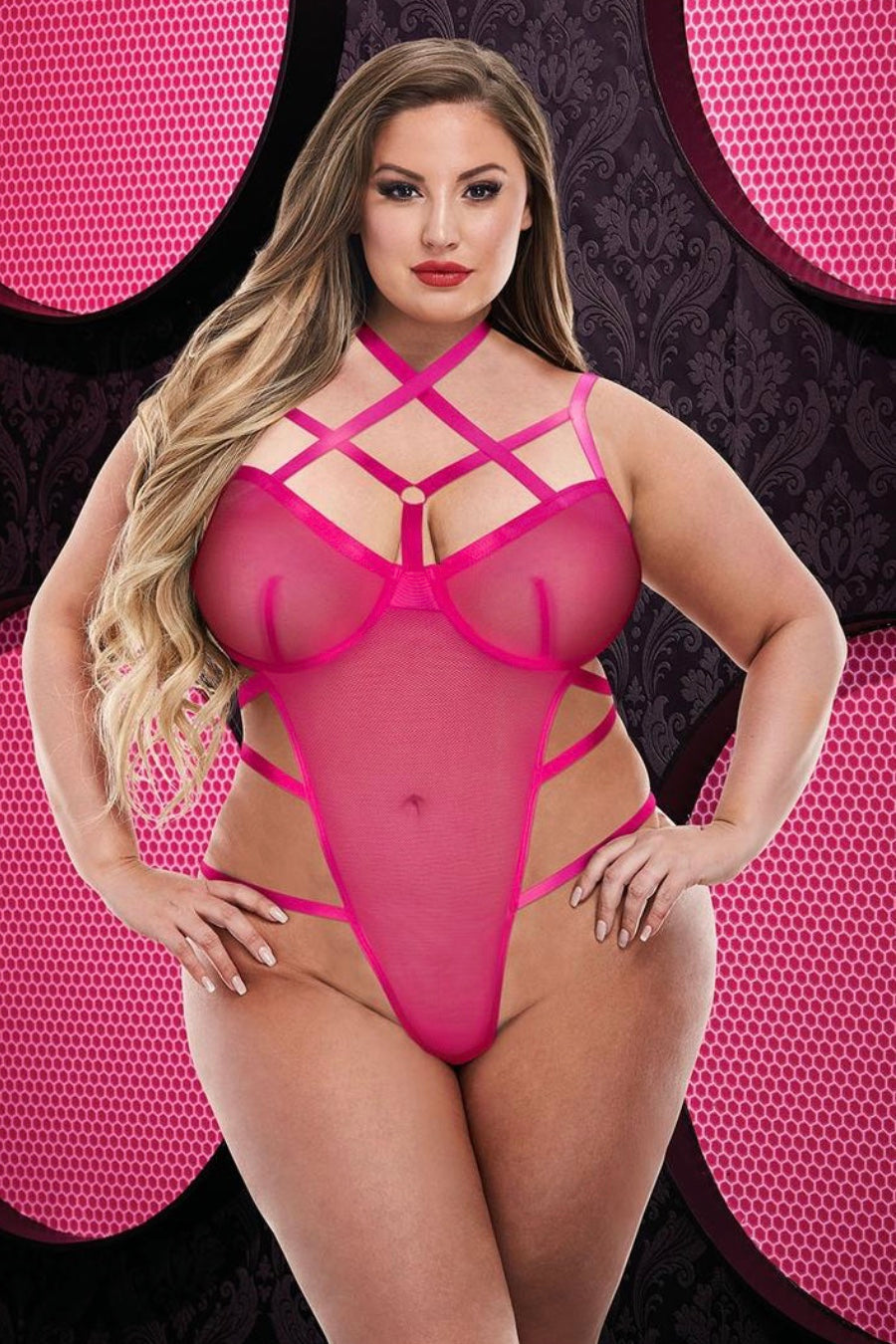 Strappy caged teddy pink - Curvynlingerie Plus Size 